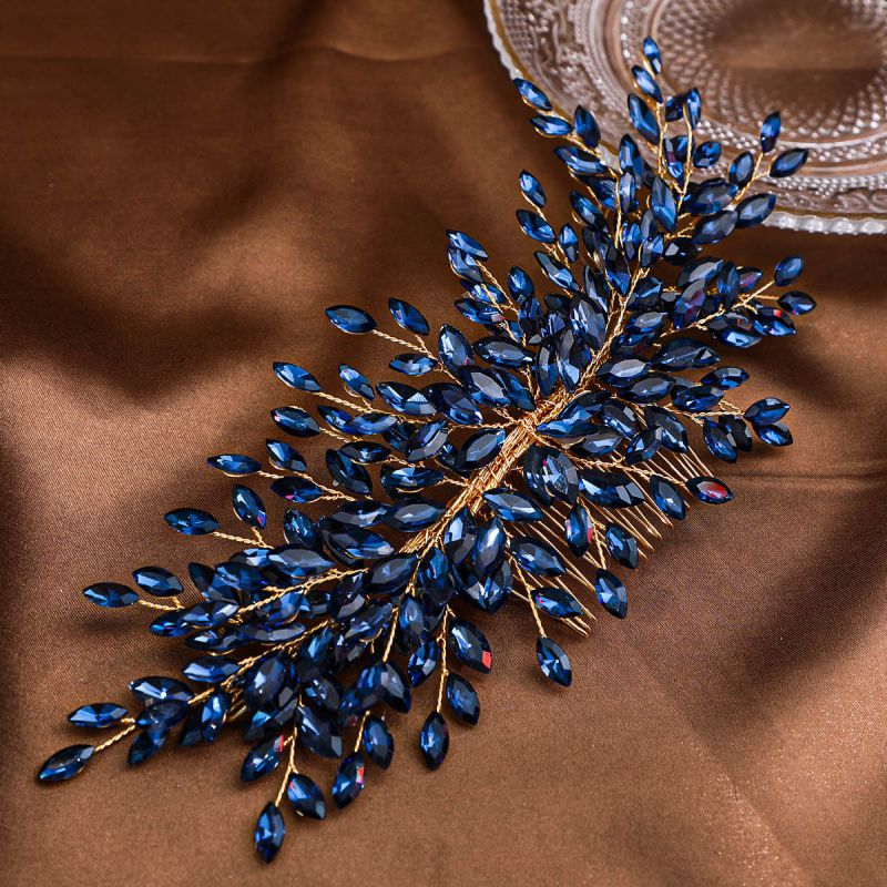 Fashion Dark Blue Crystal Beads Braided Hair Comb