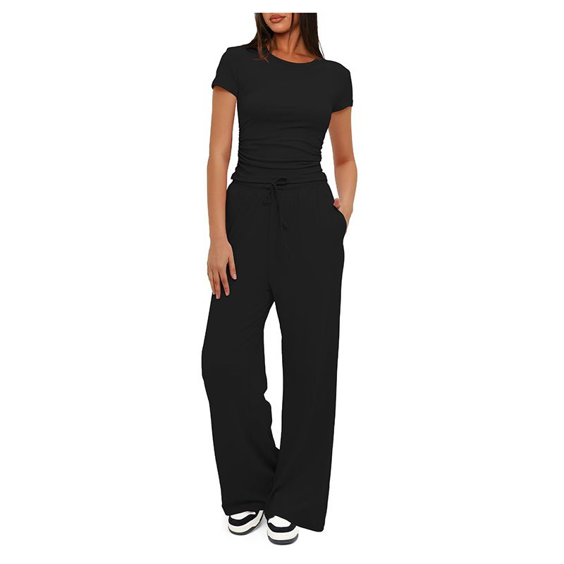 Fashion Black Polyester Round Neck Short Sleeve Wide Leg Lace Up Trousers Suit
