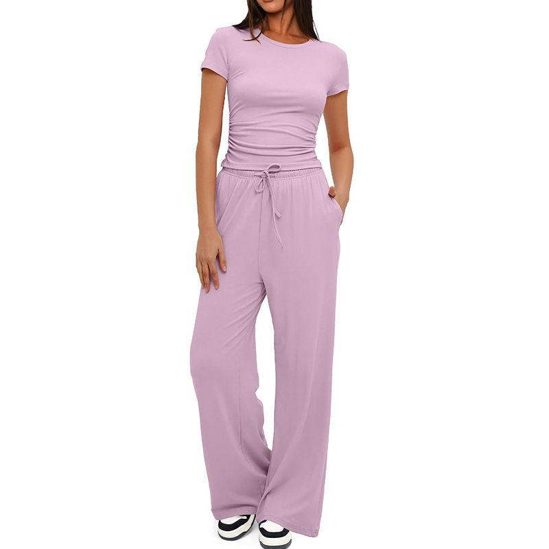 Fashion Pink Polyester Round Neck Short Sleeve Wide Leg Lace Up Trousers Suit