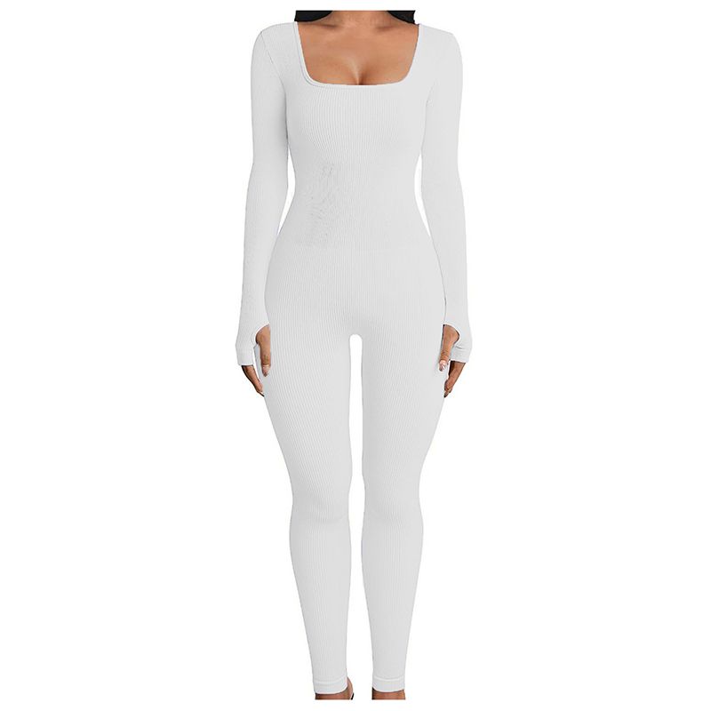 Fashion White-long Sleeve Polyester Ribbed Square Neck Jumpsuit