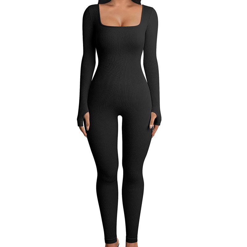 Fashion Black - Long Sleeves Polyester Ribbed Square Neck Jumpsuit
