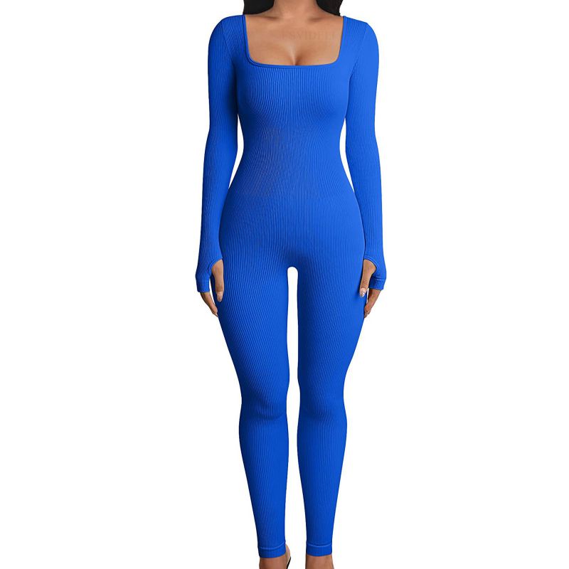 Fashion Blue - Long Sleeves Polyester Ribbed Square Neck Jumpsuit