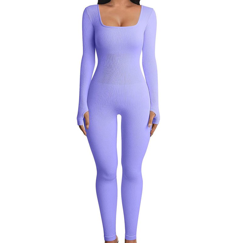 Fashion Purple-long Sleeve Polyester Ribbed Square Neck Jumpsuit