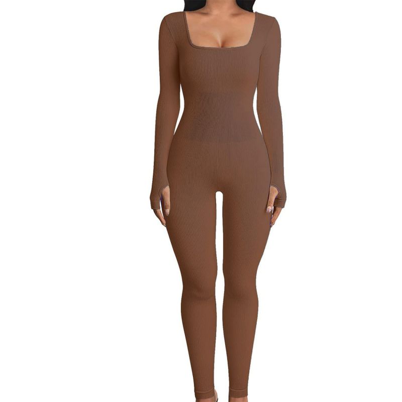 Fashion Brown-long Sleeve Polyester Ribbed Square Neck Jumpsuit
