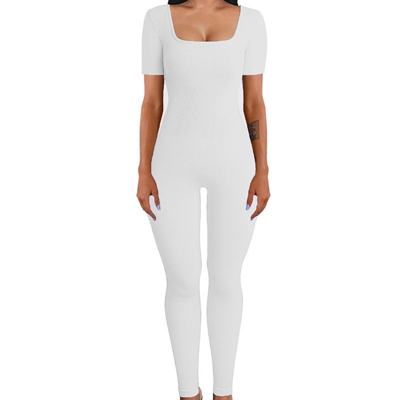 Fashion White-short Sleeves Polyester Ribbed Square Neck Jumpsuit
