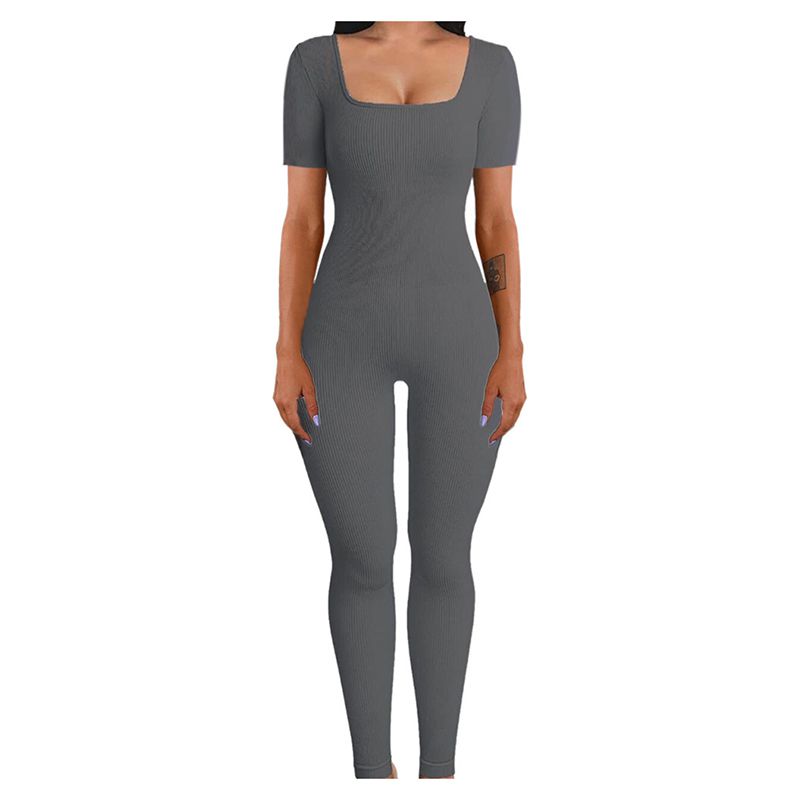 Fashion Dark Gray-short Sleeves Polyester Ribbed Square Neck Jumpsuit