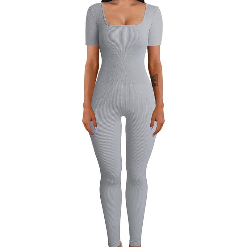 Fashion Light Gray-short Sleeves Polyester Ribbed Square Neck Jumpsuit