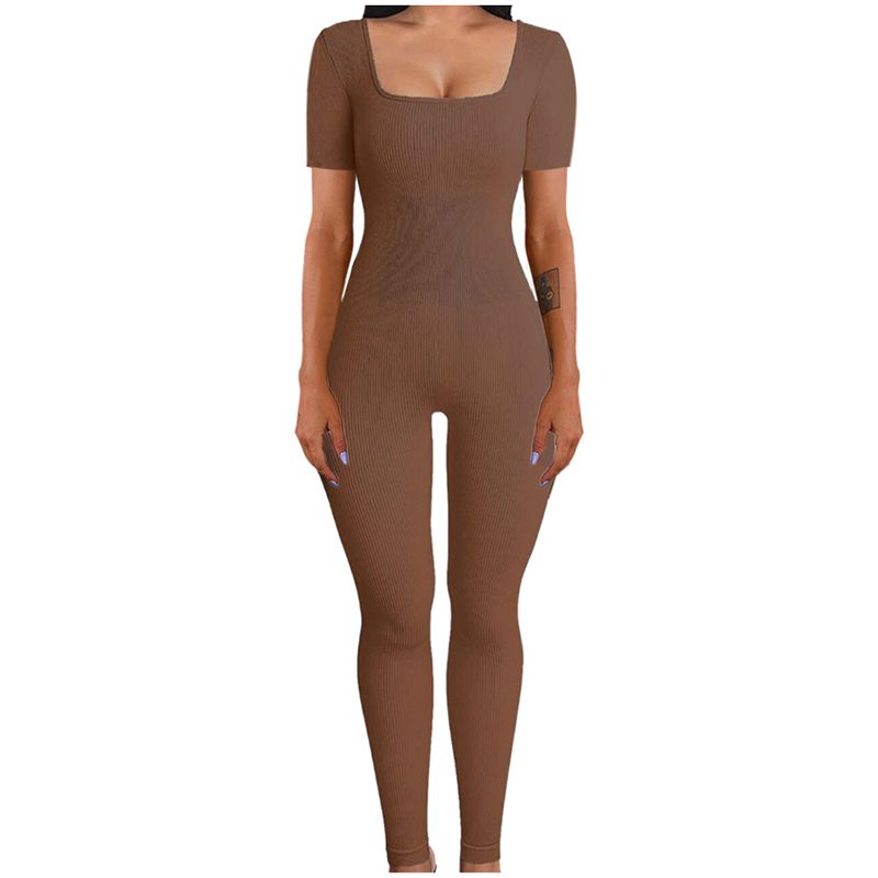 Fashion Brown-short Sleeves Polyester Ribbed Square Neck Jumpsuit