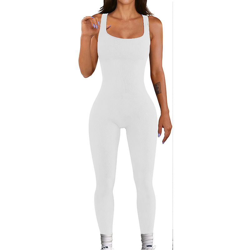 Fashion White-sleeveless Polyester Ribbed Square Neck Jumpsuit