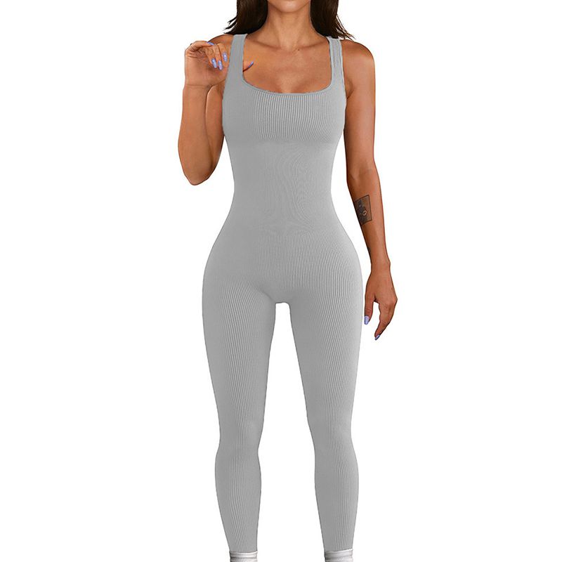 Fashion Light Gray-sleeveless Polyester Ribbed Square Neck Jumpsuit