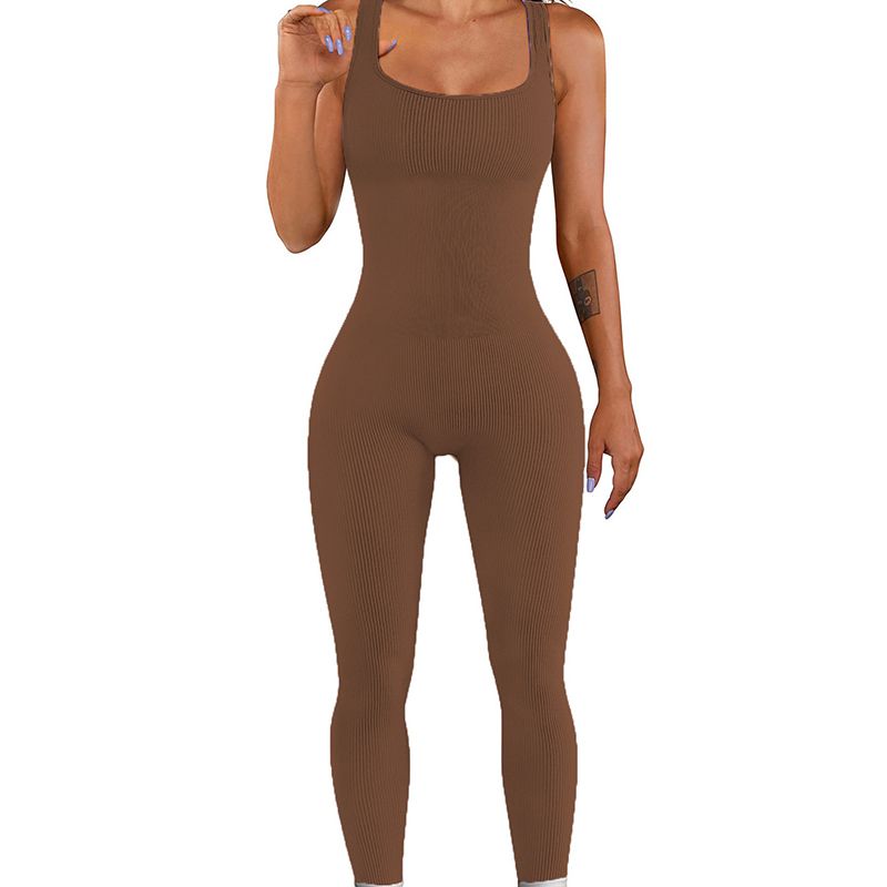 Fashion Brown-sleeveless Polyester Ribbed Square Neck Jumpsuit