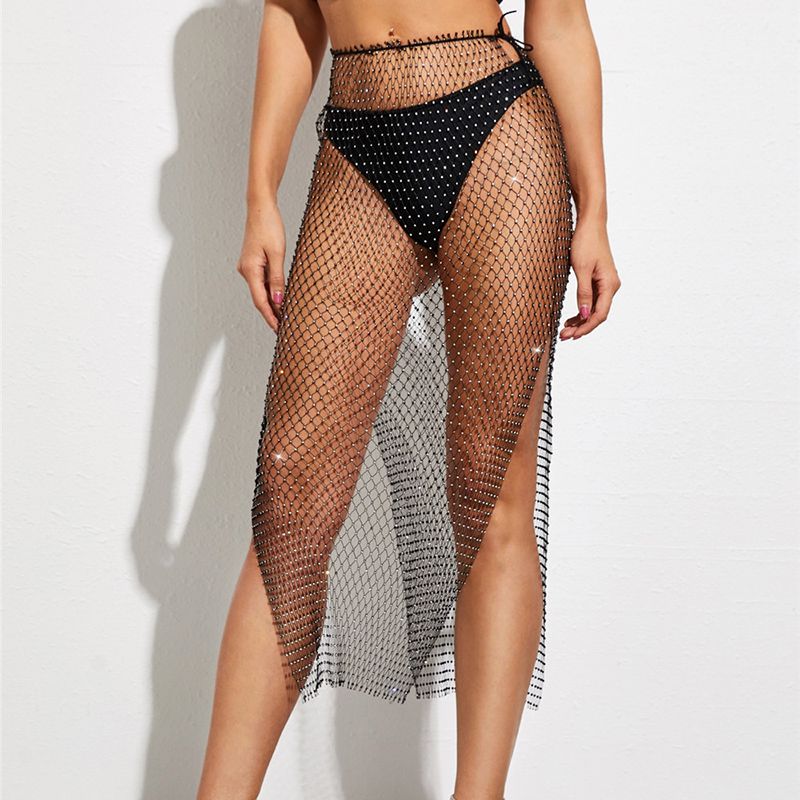 Fashion Black Fishnet Lace-up Slit Skirt