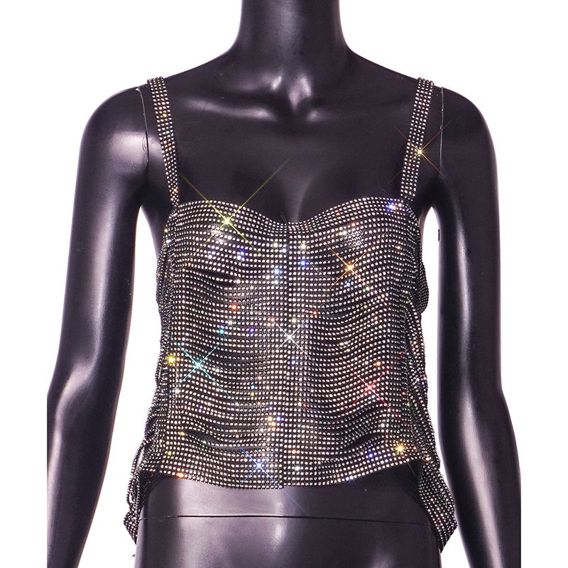 Fashion Black Fishnet Rhinestone Cutout Vest