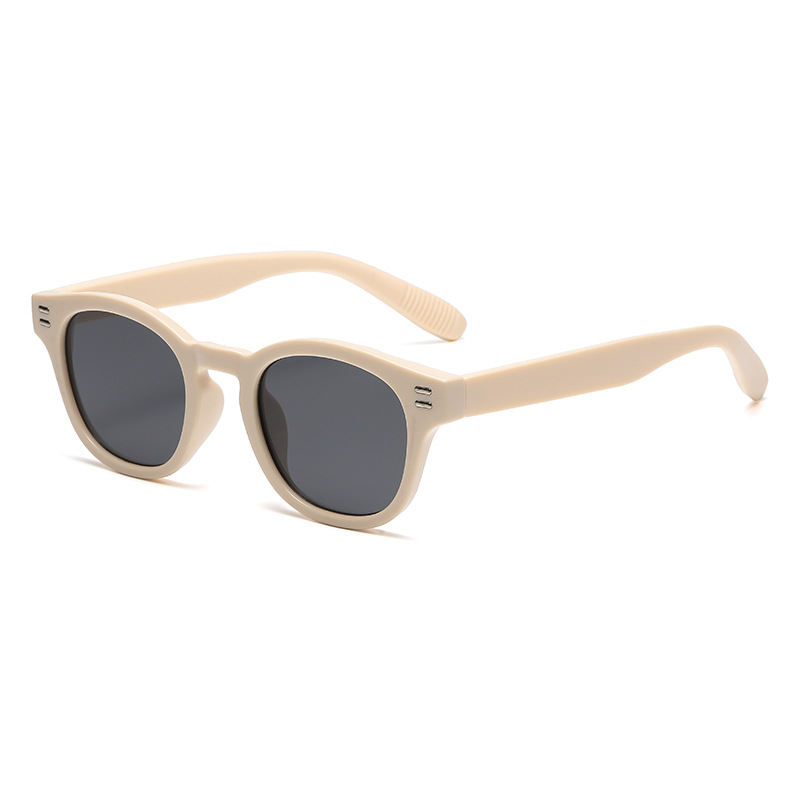 Fashion Beige Frame All Gray C7 Pc Rivet Round Sunglasses