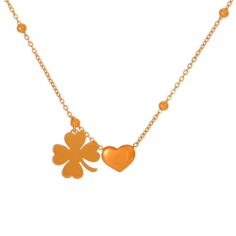 Fashion Gold Copper Heart Four Leaf Clover Pendant Bead Necklace