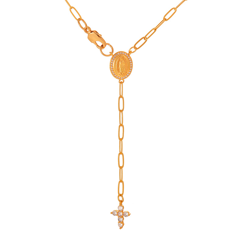 Fashion Gold Copper Set Zirconia Oval Figure Pendant Cross Chain Necklace