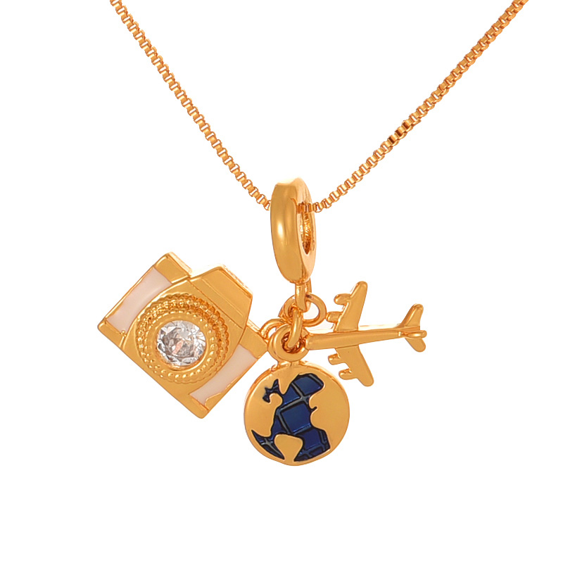 Fashion Gold Copper Set Zircon Oil Drop Airplane Earth Pendant Necklace