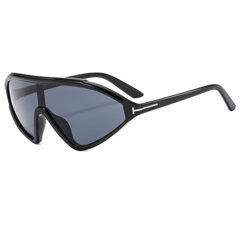 Fashion Glossy Black Framed Black And Gray Film Large Frame Shaped Sunglasses With Rice Studs