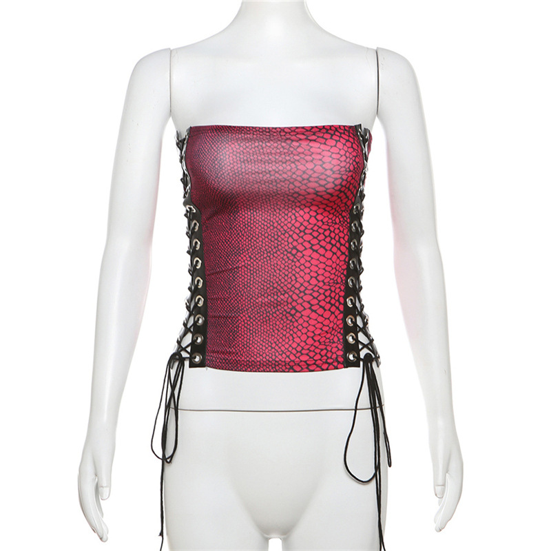 Fashion Red Polyester Snake Print Strappy Vest