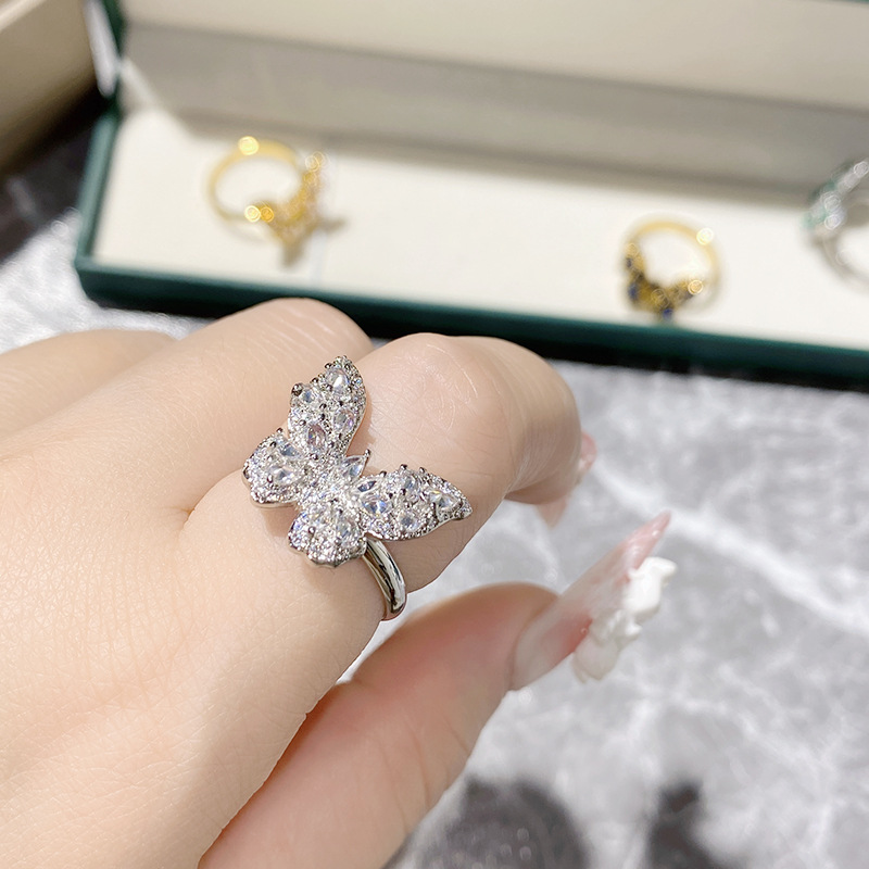 Fashion 【small】white Diamond Copper Diamond Butterfly Ring