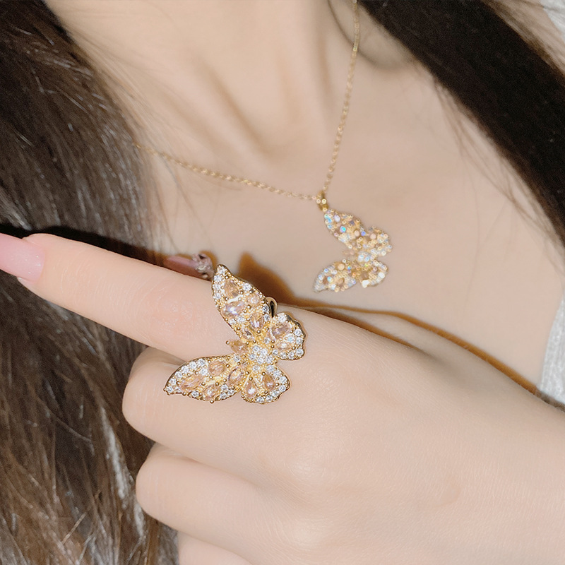 Fashion 【large】pink Diamond Copper Diamond Butterfly Ring