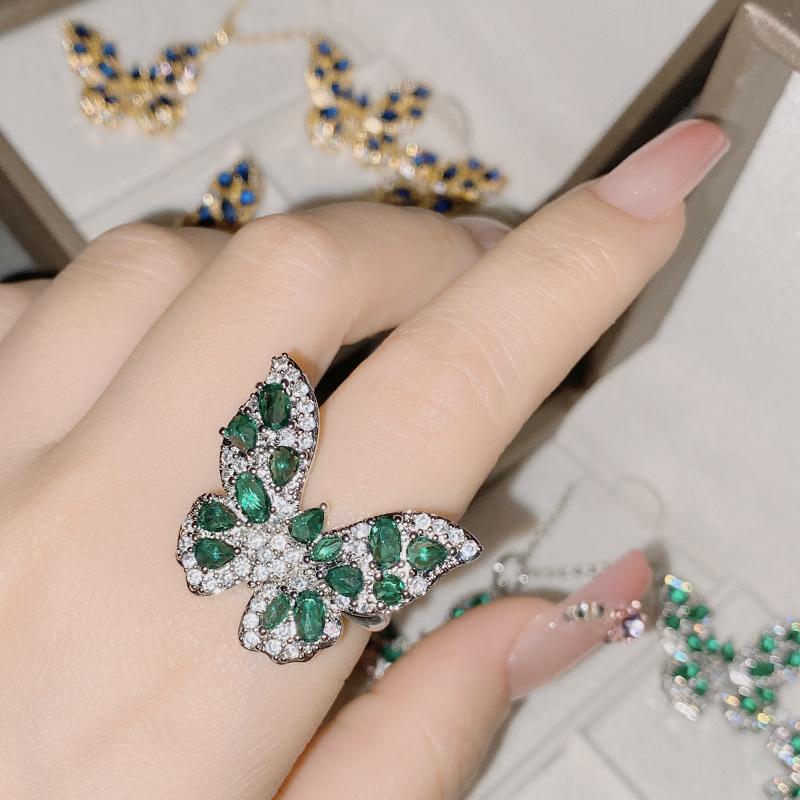 Fashion 【large】emerald Copper Diamond Butterfly Ring