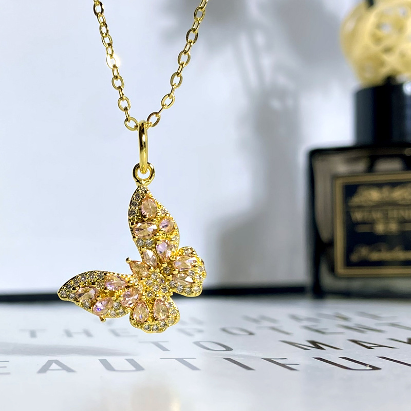 Fashion [small Size] Pink Powder Does Not Contain Chain Copper Diamond Butterfly Pendant