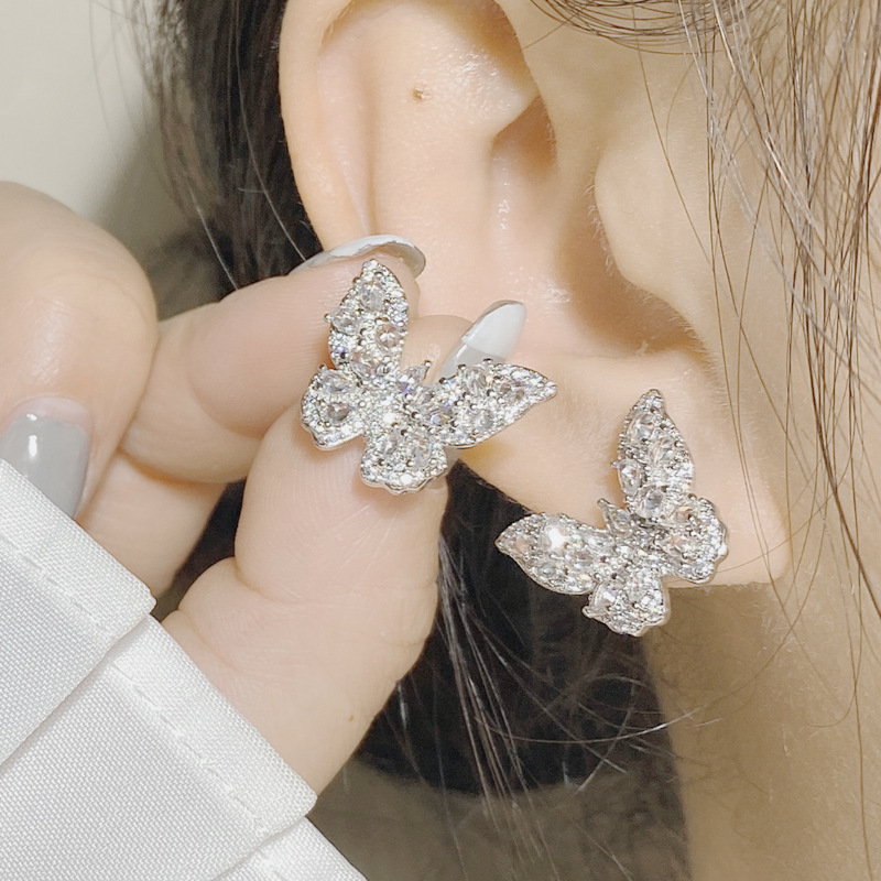 Fashion 【small】white Diamond Copper Diamond Butterfly Earrings