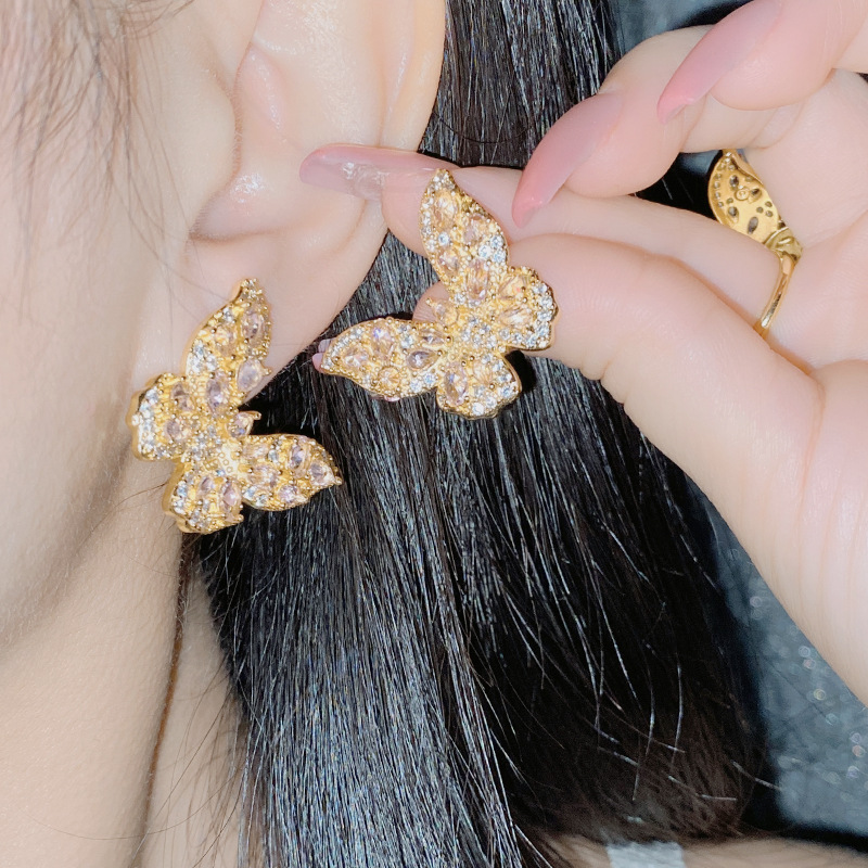 Fashion 【large】pink Copper Diamond Butterfly Earrings