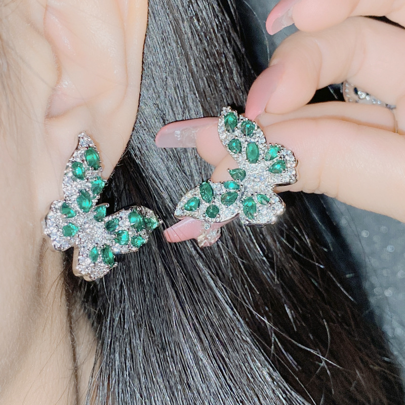 Fashion 【large】emerald Copper Diamond Butterfly Earrings