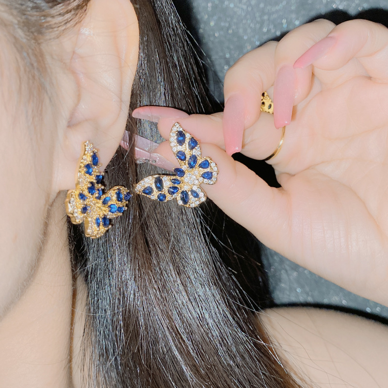 Fashion 【large】sapphire Blue Copper Diamond Butterfly Earrings