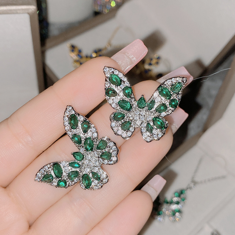 Fashion Malachite Green [platinum Plated] Large Copper Inlaid Zirconium Butterfly Stud Earrings