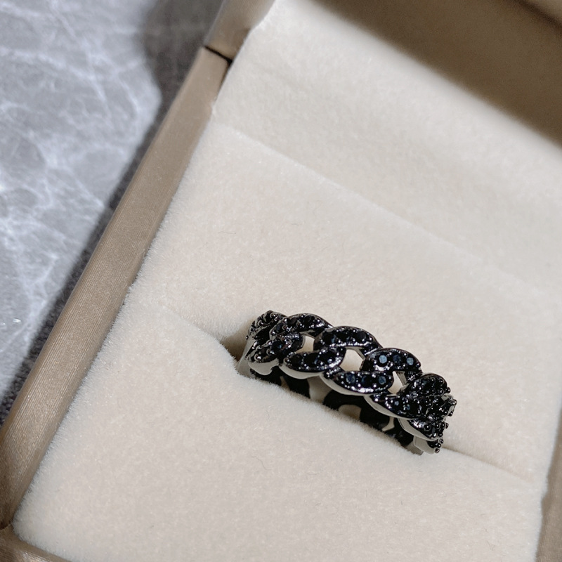 Fashion 【obsidian】opening Gold Plated Copper Chain Ring With Diamonds