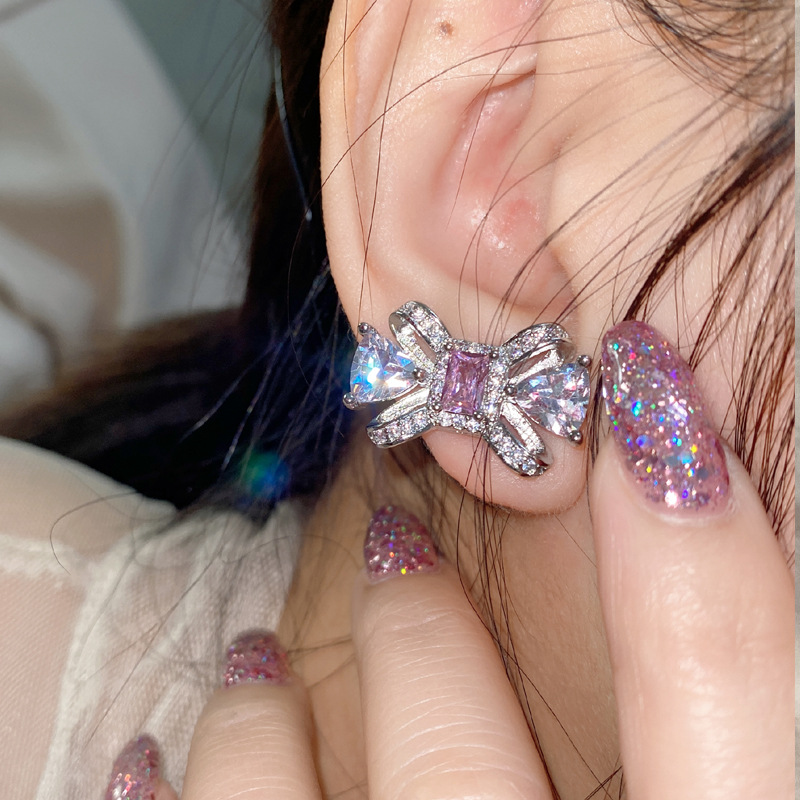 Fashion Pink Earrings【pair】 Copper Inlaid Zirconia Bow Stud Earrings