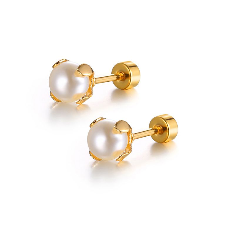Fashion 5# Titanium Steel Pearl Round Stud Earrings