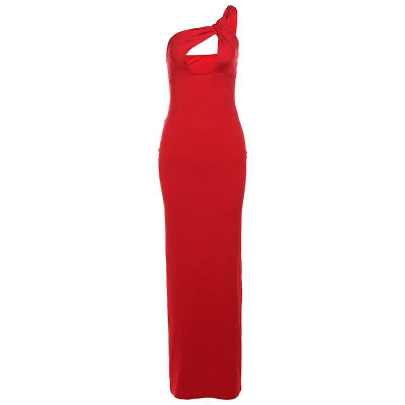 Fashion Red Polyester One-shoulder Hollow Long Skirt