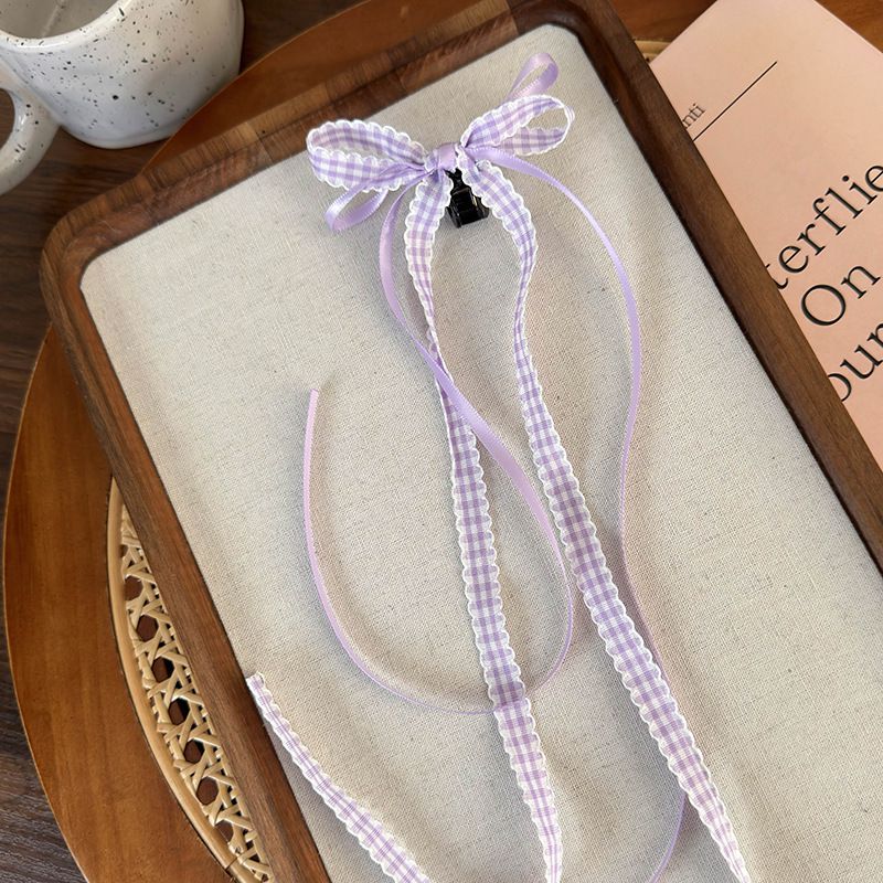 Fashion F Purple And White Plaid Fabric Plaid Long Ribbon Bow Clip