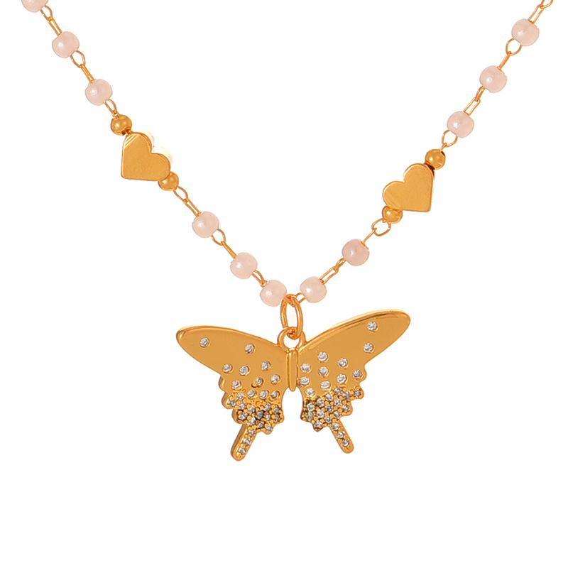Fashion Golden 2 Copper Inlaid Zircon Bow Pendant Pearl Love Necklace