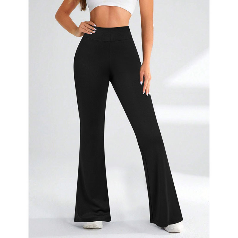 Fashion Black Polyester Ribbed Flared Trousers