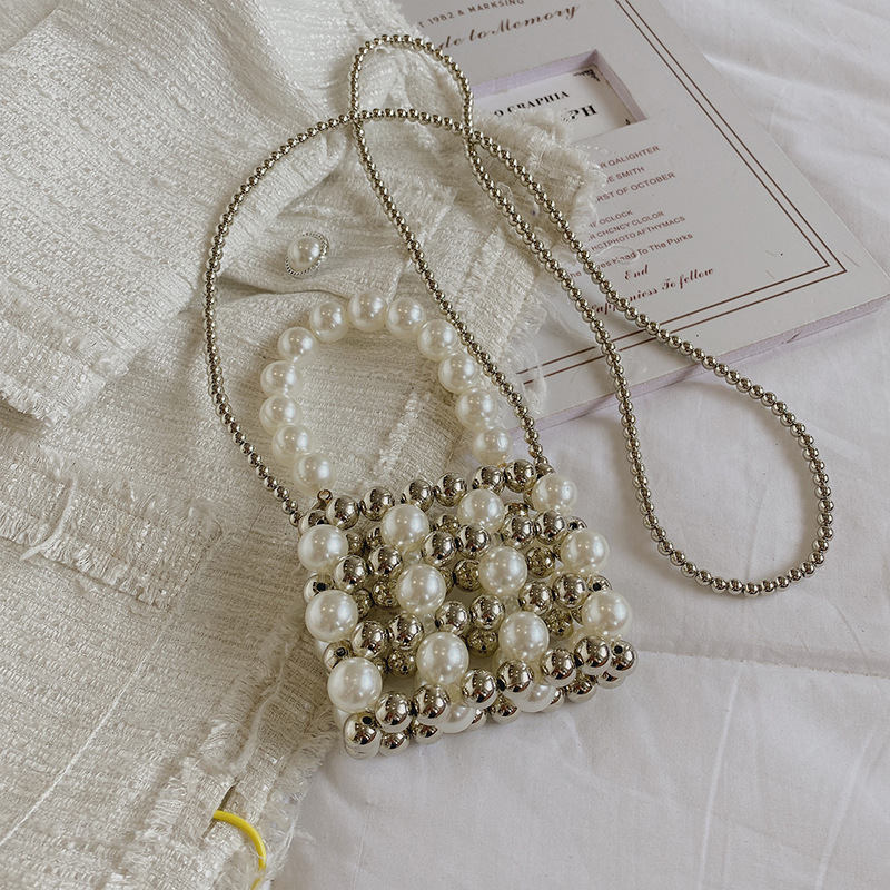 Fashion Silver Pearl Bead Woven Crossbody Bag
