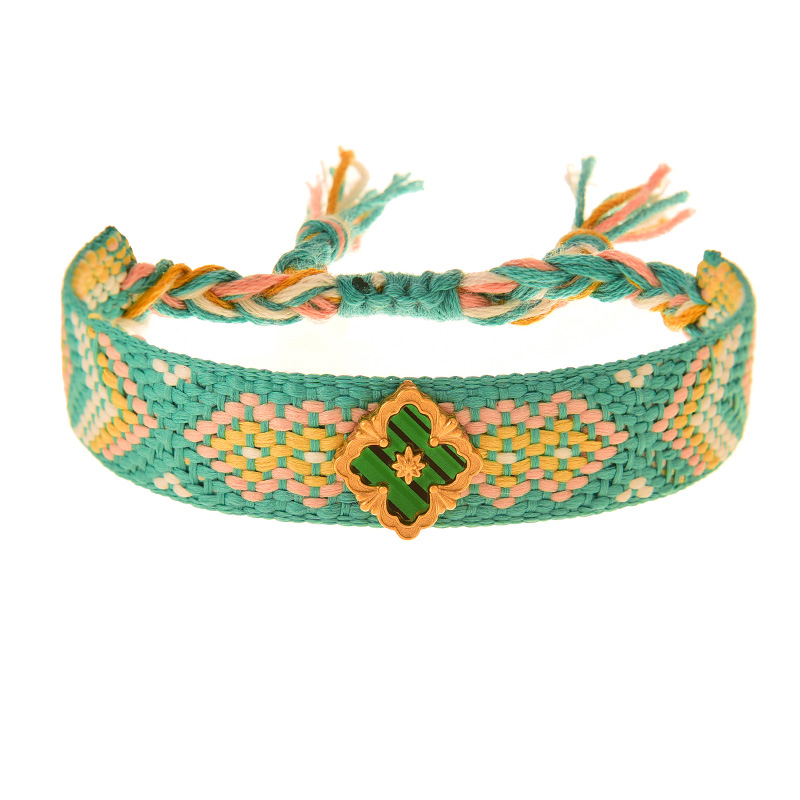 Fashion Green Titanium Steel Flower Stripe Braided Pattern Tassel Bracelet