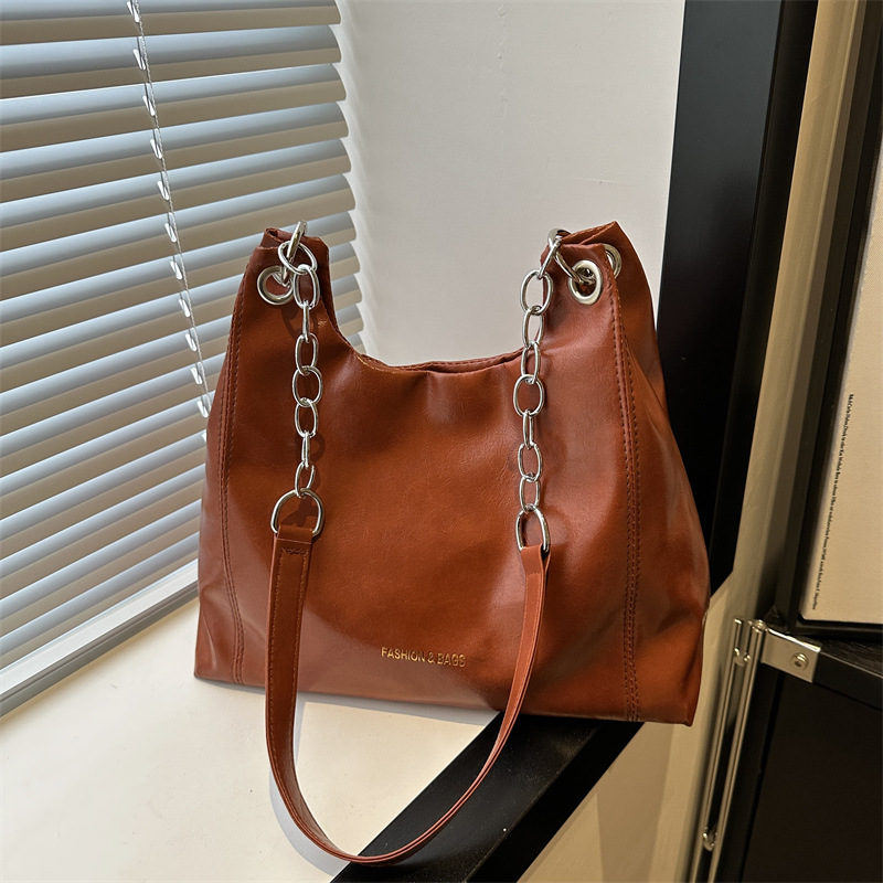 Fashion Dark Brown Stainless Steel Large Capacity Shoulder Bag