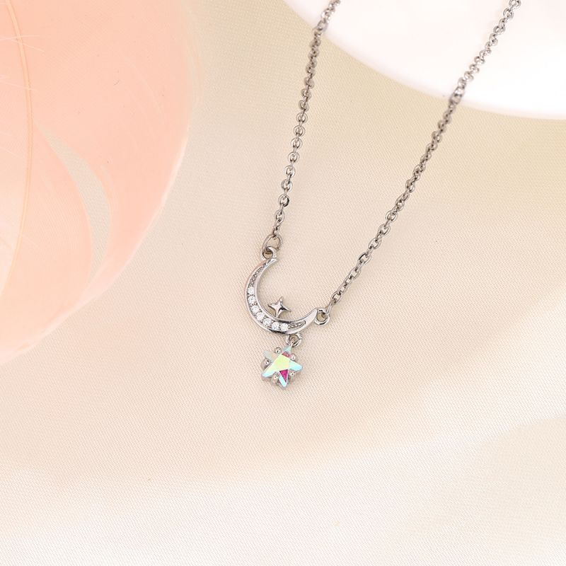 Fashion White Gold Colorful Stars And Moon Necklace Copper Diamond Star Moon Necklace