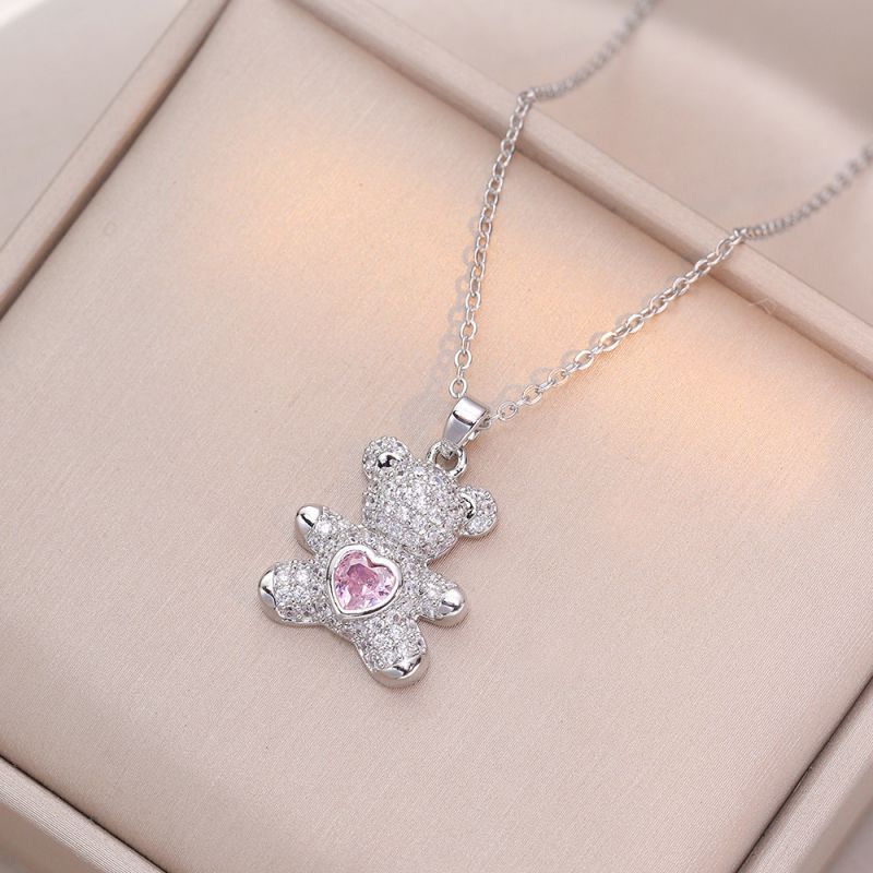 Fashion Just Pink Titanium Steel Diamond Care Bear Necklace