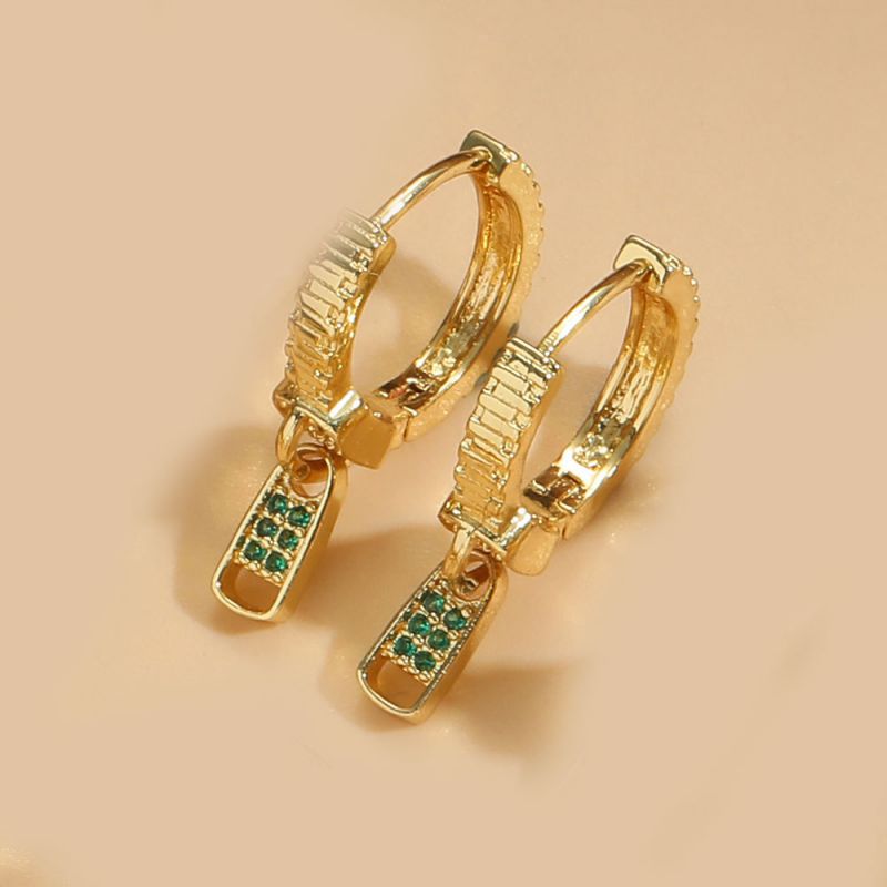 Fashion Green Zirconium (gold) Gold Plated Copper Zipper Earrings With Zirconium
