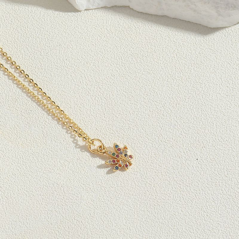 Fashion Colorful Zirconium Flowers Gold-plated Copper Leaf Necklace With Zirconium Leaves