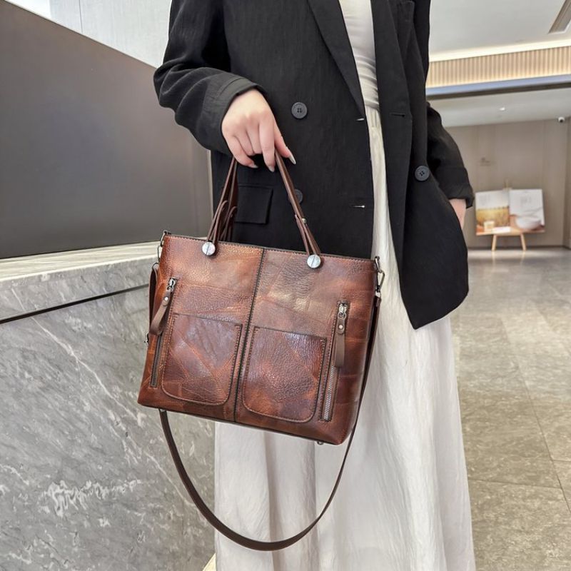 Fashion Dark Brown Pu Soft Leather Large Capacity Crossbody Bag