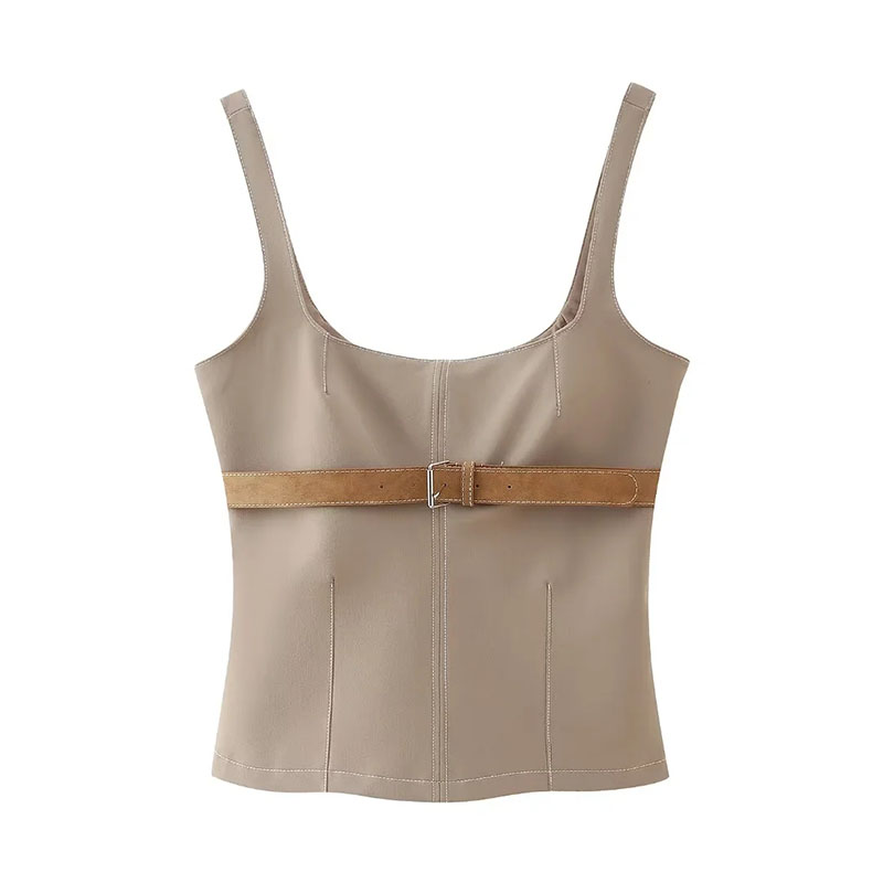 Fashion Light Brown Polyester Belted Halter Top
