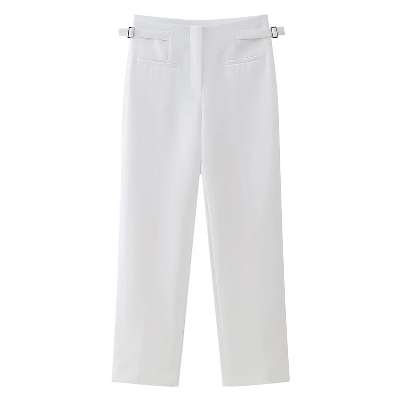 Fashion White Polyester Side Buckle Straight Trousers