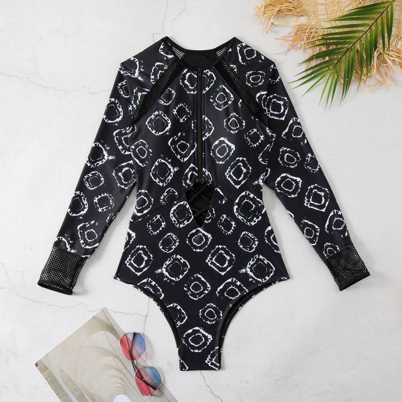 Fashion White Print On Black Background Polyester Printed One-piece Swimsuit
